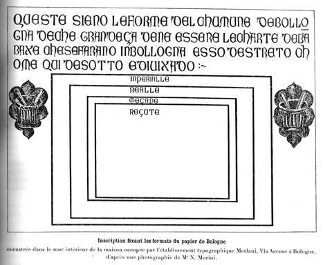 inscription in limestone in Bologna, the text for which dates from 1389.4 It reads 'These are to be the moulds of the city of Bologna, which say what the sizes of the sheets of cotton paper must be, which are made in Bologna and the surrounding area, as is set out here below.'